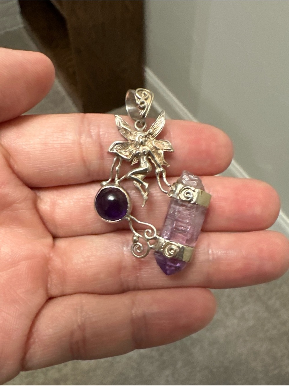 Silver Fairy Pendant with amethyst crystals